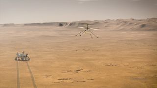 An artist's impression of NASA's Mars helicopter Ingenuity flying on the Red Planet.