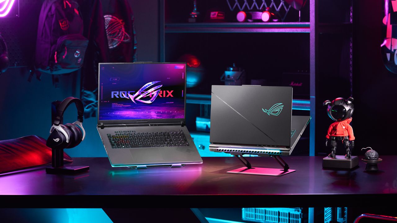 The Asus ROG Strix Scar 18 set up on a gaming desk.