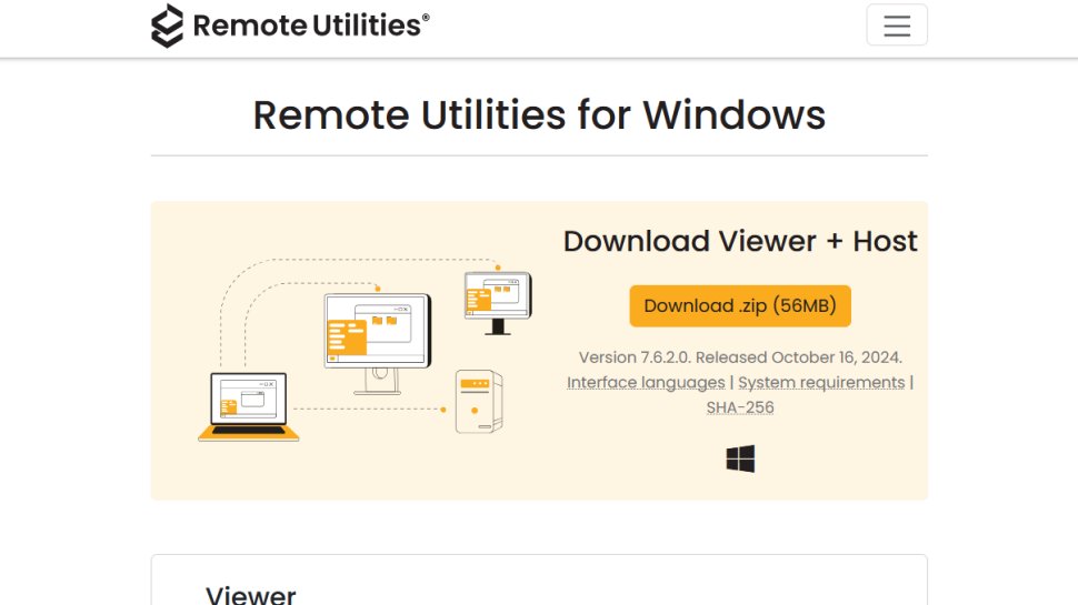 Remote Utilities for Windows website screenshot (June 2025).