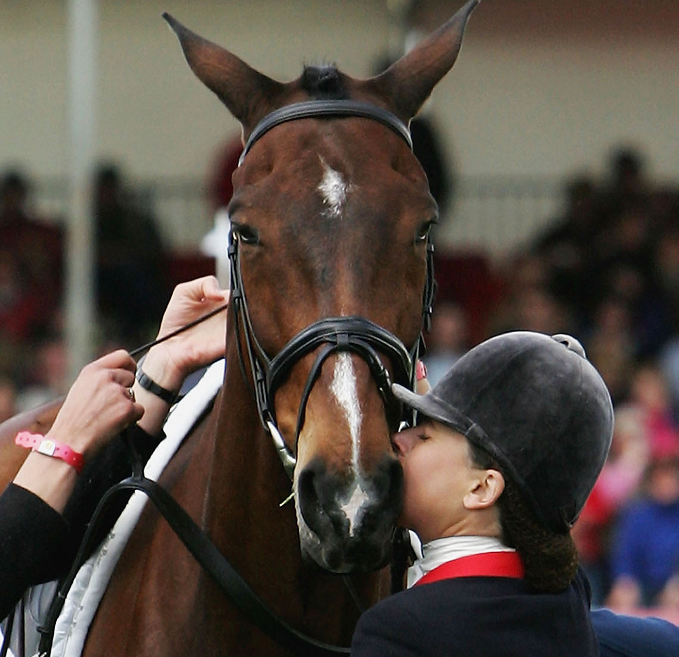 BADMINTON, ENGLAND - MAY 8: Pippa Funnell of Great Britain kisses Supreme Rock after she retires the horse during the Mitsubishi Motors Badminton Horse Trials at Badminton on May 8, 2005 in Badminton, England. (Photo by Christopher Lee/Getty Images)