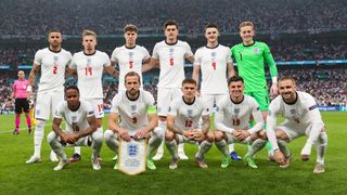 How to watch England v Hungary online - Photo shows the England EURO 2020 squad posing for a photo before the EURO 2020 Final against Italy.