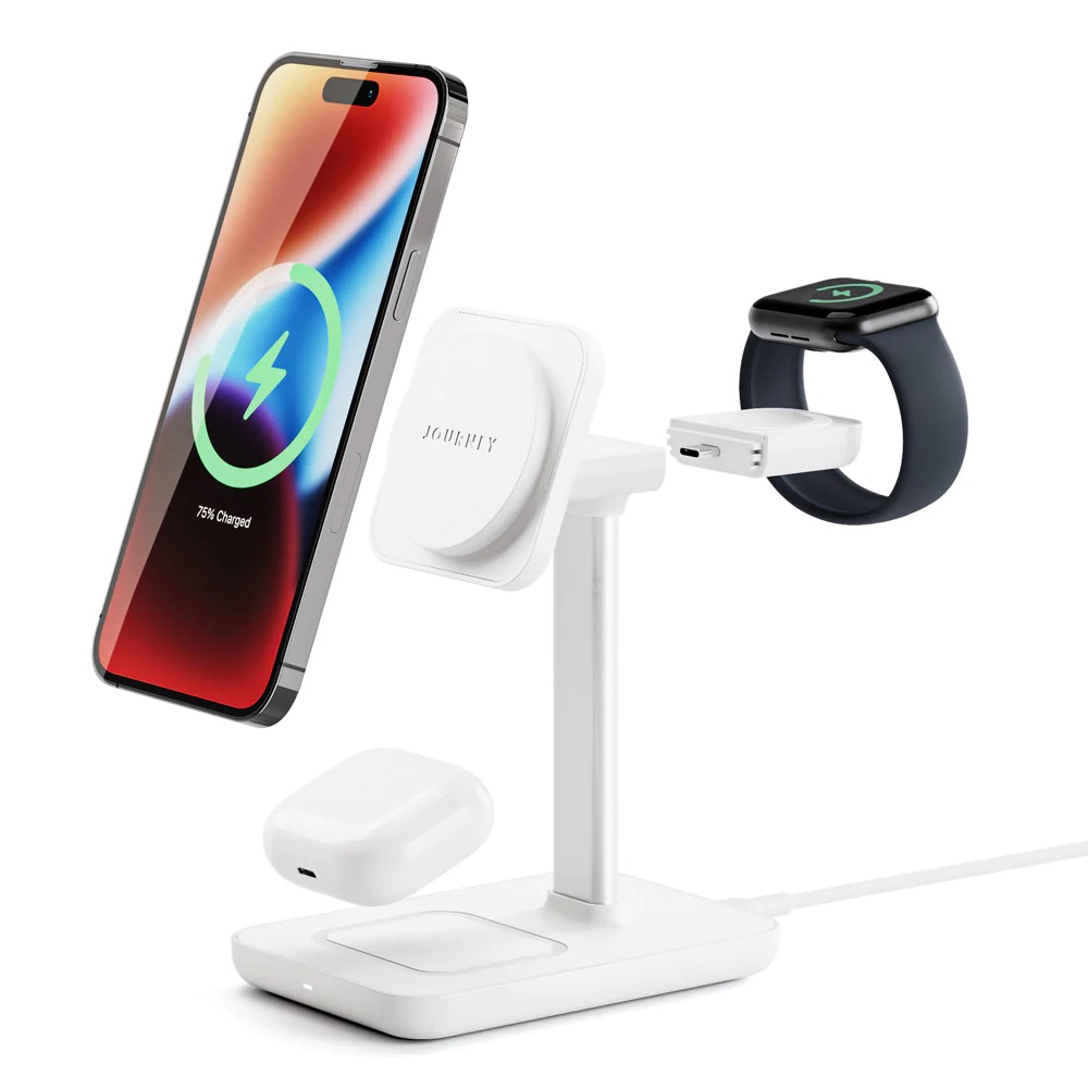 Journey Rapid Trio 3-in-1 Wireless Charging Station on a white background with Apple accessories