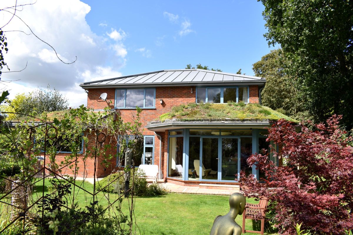 The rear garden of Julian Moss's house shows a living green roof, grassy back garden and small extension