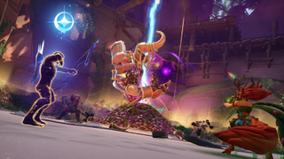 A promotional screenshot of Fellowship. A boss made out of treasure chests and golds summons a dark orb to throw at the two player characters fighting it.