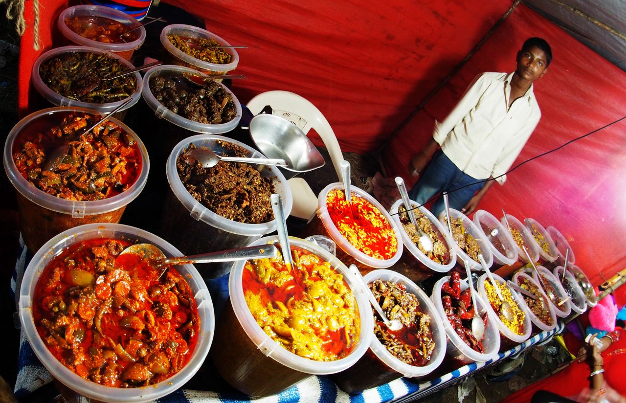 Street market curry stall in India, photographed on a fisheye lens