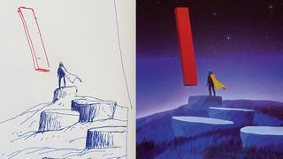 Before and after image for a tutorial on turning a how to turn a sketch into a surreal dreamscape in Photoshop