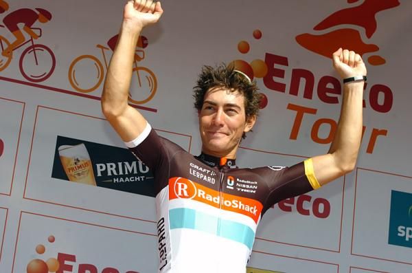 Eneco Tour stage 5 winner Giacomo Nizzolo (RadioShack-Nissan) celebrates on the podium.
