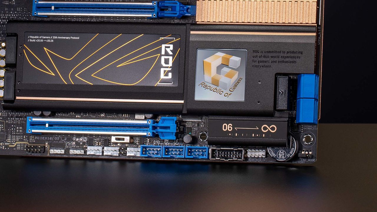 A promotional image of the Asus ROG Crosshair 2006 20th anniversary special edition motherboard