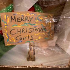 wooden plyboard with merry christmas girls written