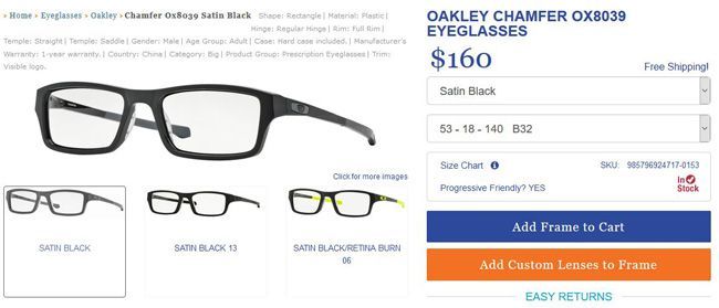 Each product page on Eyeglasses.com has details about sizing and pricing.