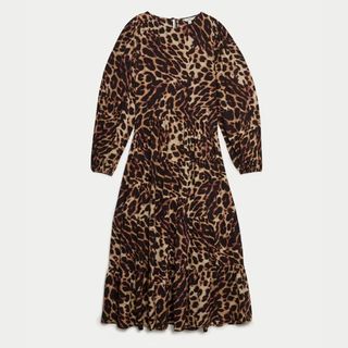 A cut out of a long sleeve leopard print midi dress from M&S against a light background