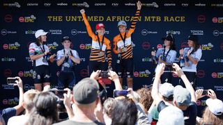 The podium of the womens pairs race at Cape Epic 2023