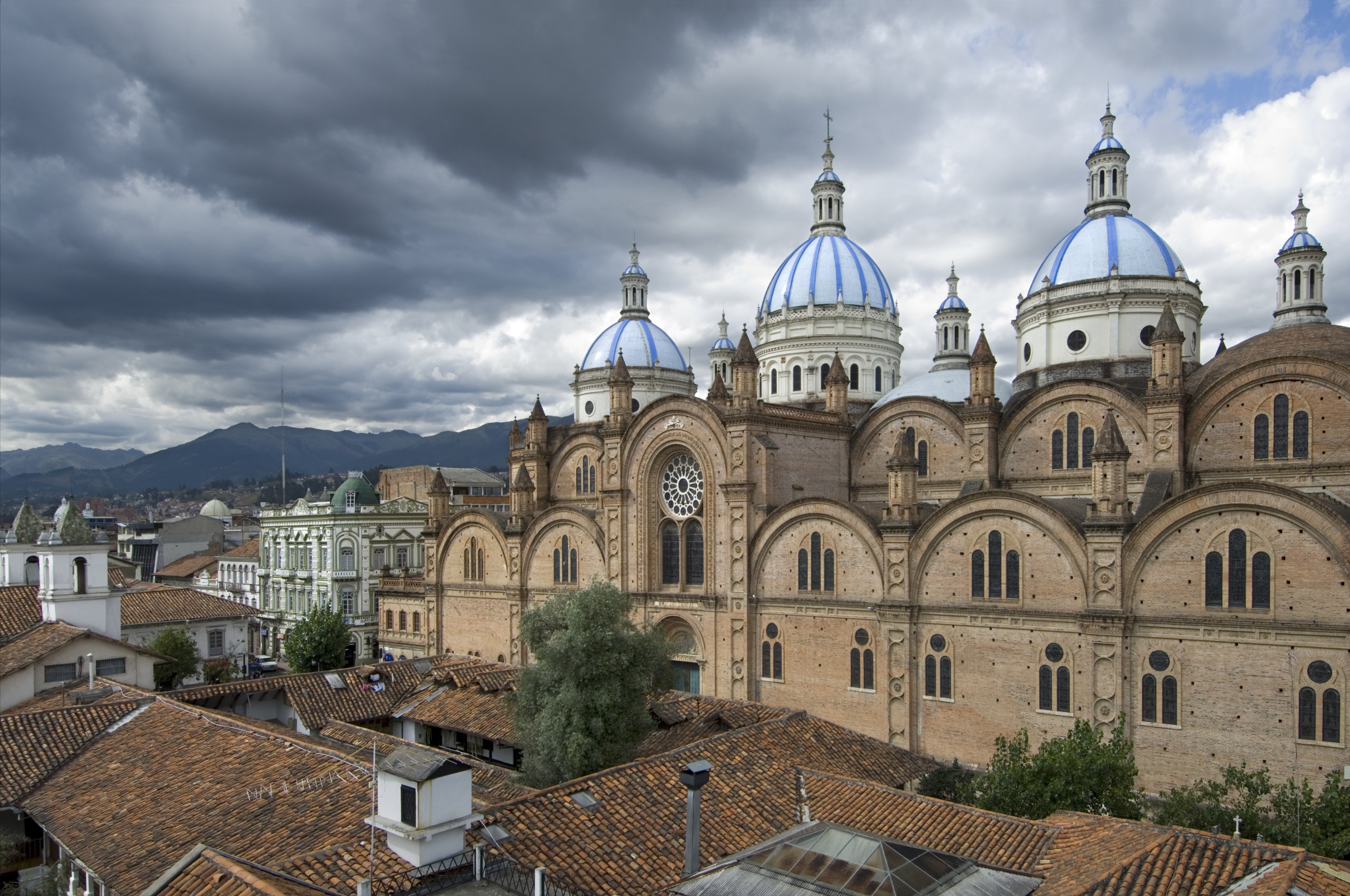 The Cathedral of Immaculate Conception in Cuenca, Ecuador on a stormy day