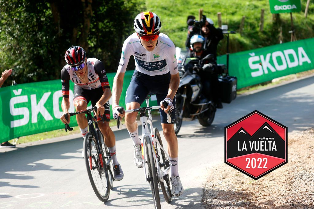 LES PRAERESNAVA SPAIN AUGUST 28 LR Juan Ayuso Pesquera of Spain and UAE Team Emirates and Carlos Rodriguez Cano of Spain and Team INEOS Grenadiers White Best Young Rider Jersey compete during the 77th Tour of Spain 2022 Stage 9 a 1714km stage from Villaviciosa to Les Praeres Nava 743m LaVuelta22 WorldTour on August 28 2022 in Les Praeres Nava Spain Photo by Luis Gomez PoolGetty Images