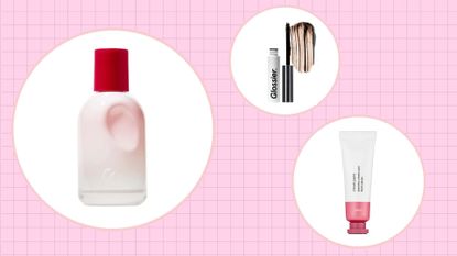 Glossier at Sephora: Glossier products including Glossier You, Boy Brow and Cloud Paint in a pink check template