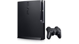 A Sony PS3 on a vertical stand with a white background.