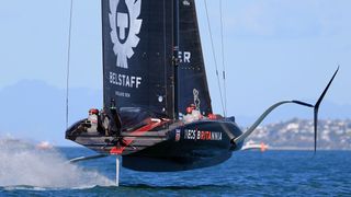 INEOS Team UK&#039;s yacht rides the waves as they compete in the 2024 Americas Cup sailing race 