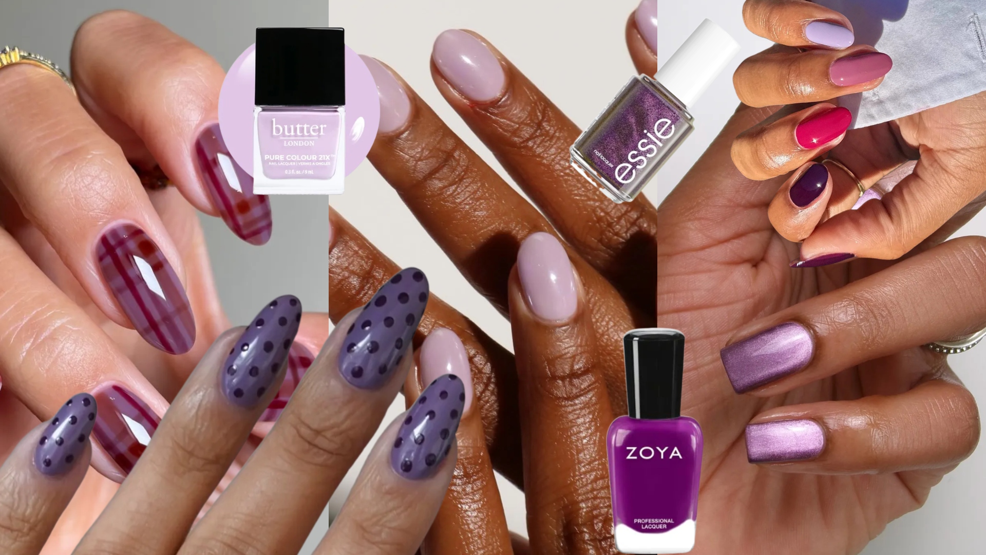 collage of purple nail designs on five different hands with bottles of nail polish with black or white tops