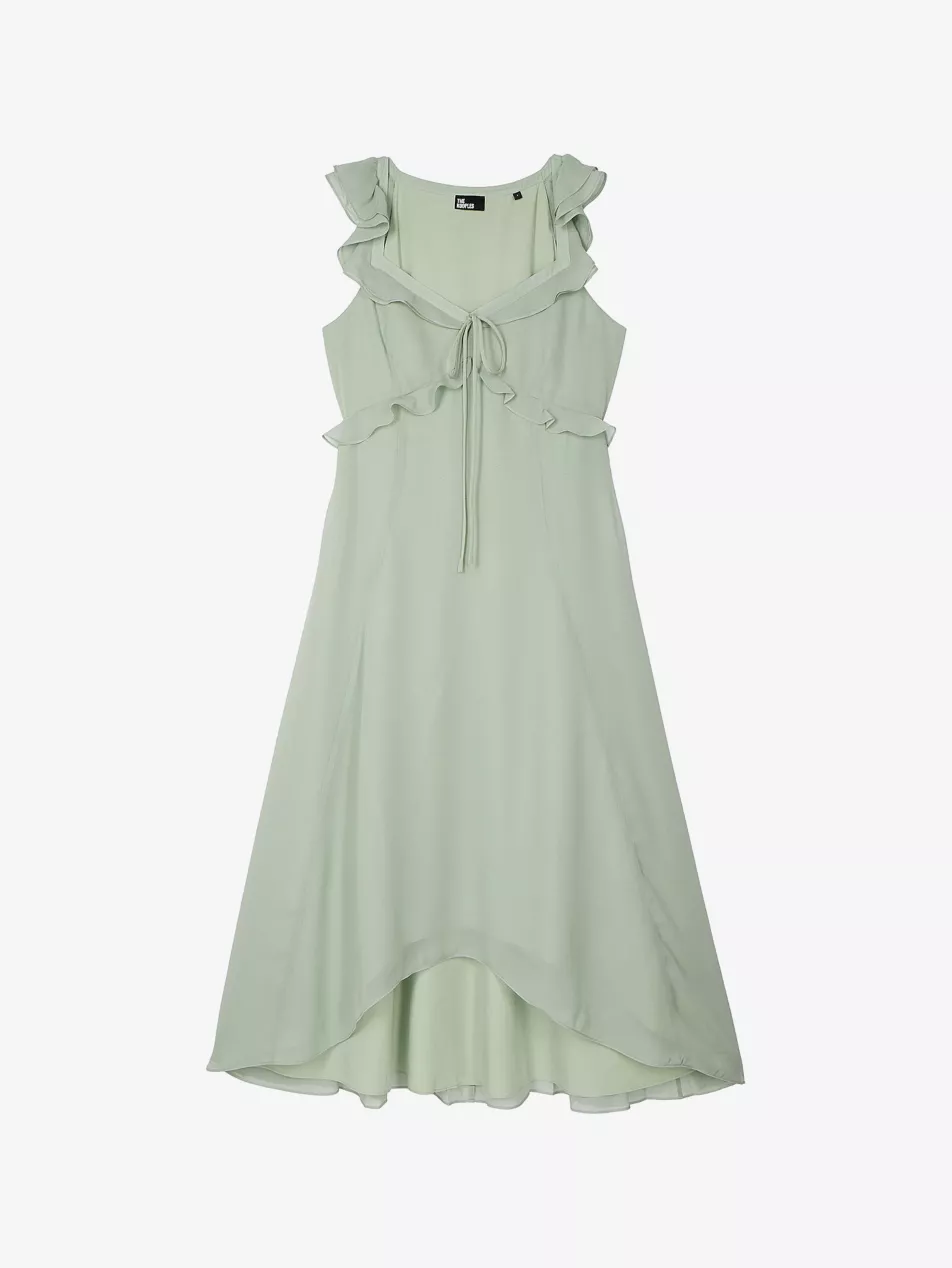 V-Neck Ruffled Woven Midi Dress - Xs