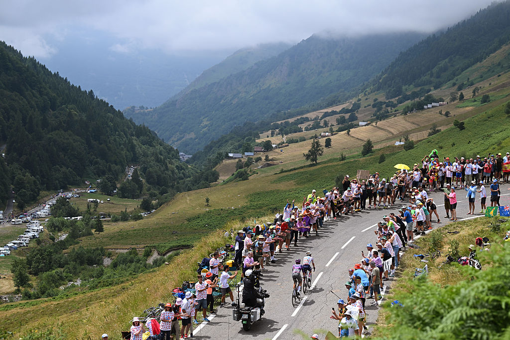 LUCHON-SUPERBAGNERES, FRANCE - JULY 19: (L-R) Ben O&amp;amp;apos;Connor of Australia and Team Jayco AlUla and Lenny Martinez of France and Team Bahrain - Victorious compete in the breakaway climbing to the Col du Tourmalet (2110m) while fans cheer during the 112th Tour de France 2025, Stage 14 a 182.6km stage from Pau to Luchon-Superbagneres 1794m / #UCIWT / on July 19, 2025 in Luchon-Superbagneres, France. (Photo by Tim de Waele/Getty Images)