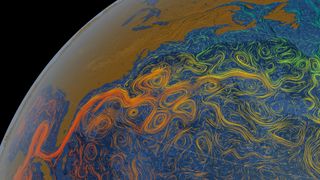 A visualization from space of the Gulf Stream as it unfurls across the North Atlantic Ocean. The current is colored according to sea surface temperature.