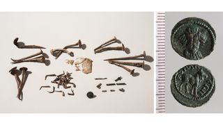The content of the primary cremation grave, including: burnt remains of a bone artifact, bent nails, shards of broken glass, and a second century A.D. coin from southern Turkey. Scale in centimeters.