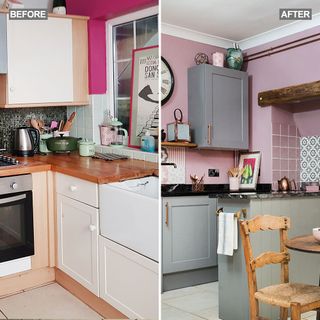 kitchen makeover with pink walls grey units and vintage furniture