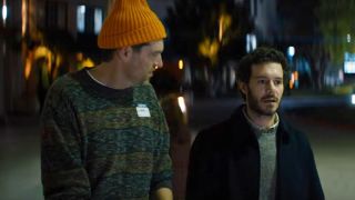 Adam Brody and Timothy Simons walking and talking in Nobody Wants This