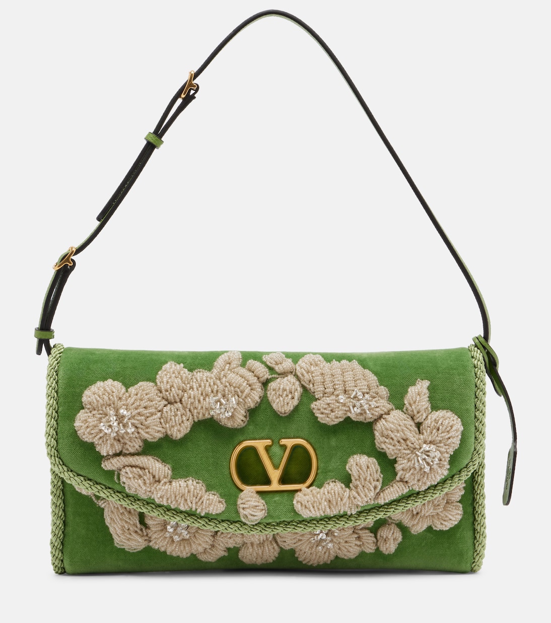 Devain Embellished Velvet Shoulder Bag in Green - Valentino Garavani