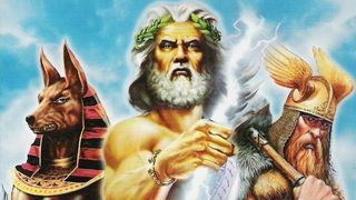 An image of Age of Mythology's cover art showing a pantheon of ancient gods.