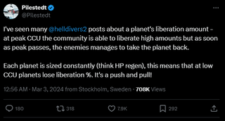A post that reads: "I've seen many @helldivers2 posts about a planet's liberation amount - at peak CCU the community is able to liberate high amounts but as soon as peak passes, the enemies manages to take the planet back. Each planet is sized constantly (think HP regen), this means that at low CCU planets lose liberation %. It's a push and pull!"