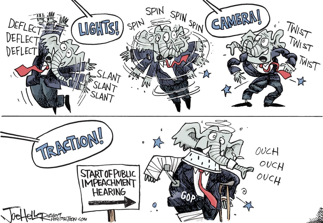 Political Cartoon U.S. GOP Trump Public Impeachment Hearings In-Traction