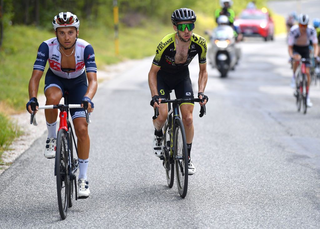 SARNANO ITALY SEPTEMBER 11 Gianluca Brambilla of Italy and Team TrekSegafredo Simon Yates of The United Kingdom and Team MitcheltonScott Breakaway during the 55th TirrenoAdriatico 2020 Stage 5 a 202km stage from Norcia to SarnanoSassotetto 1335m TirrenAdriatico on September 11 2020 in Sarnano Italy Photo by Justin SetterfieldGetty Images