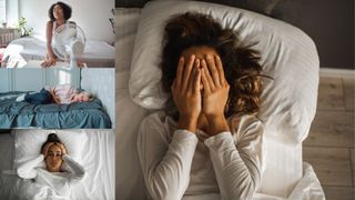 A woman with her hands on her face unable to sleep, with images of a woman feeling too hot to sleep, a woman with cramps and a woman with a headache to show how the menstrual cycle impacts sleep