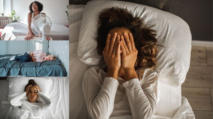 A woman with her hands on her face unable to sleep, with images of a woman feeling too hot to sleep, a woman with cramps and a woman with a headache to show how the menstrual cycle impacts sleep