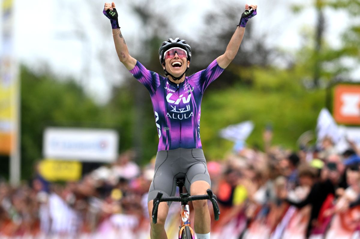 QUIMPER , FRANCE - JULY 27: Mavi Garcia of Spain and Team Liv AlUla Jayco celebrates at finish line as stage winner during the 4th Tour de France Femmes 2025, Stage 2 a 110.4km stage from Brest to Quimper / #UCIWWT / on July 27, 2025 in Quimper, France. (Photo by Szymon Gruchalski/Getty Images)