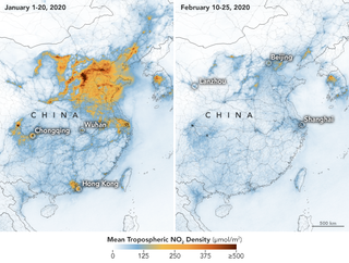 A map shows the sharp decline in emissions over China between early January and late February as parts of the country went on lockdown in an attempt to contain the COVID-19 coronavirus.