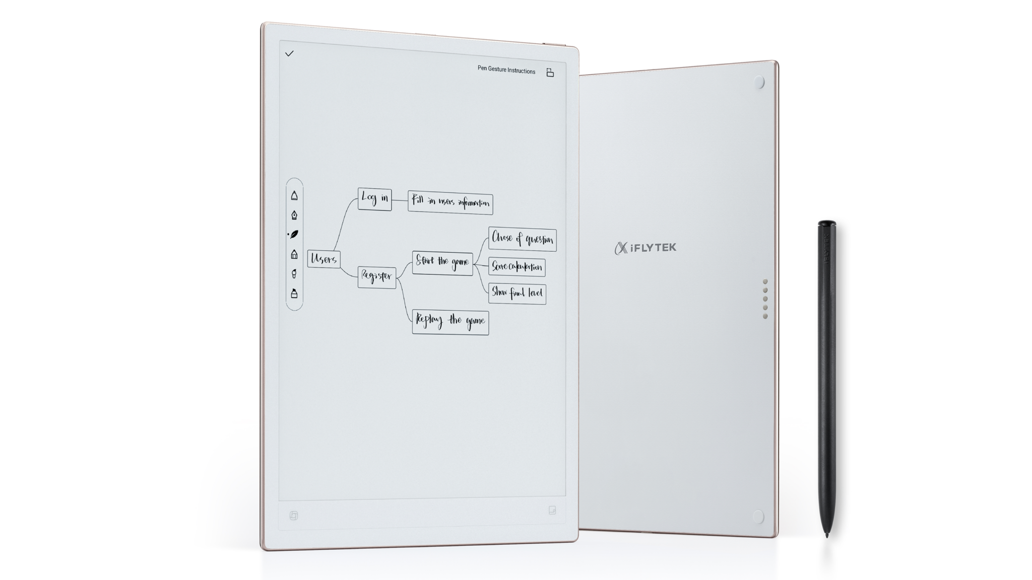 Product shot of the AINOTE 2 tablet front and back with stylus
