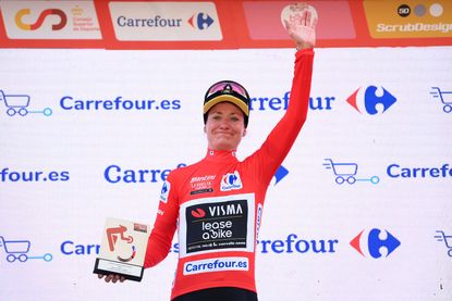 Marianne Vos wears the overall leader's jersey at La Vuelta Femenina after stage 4