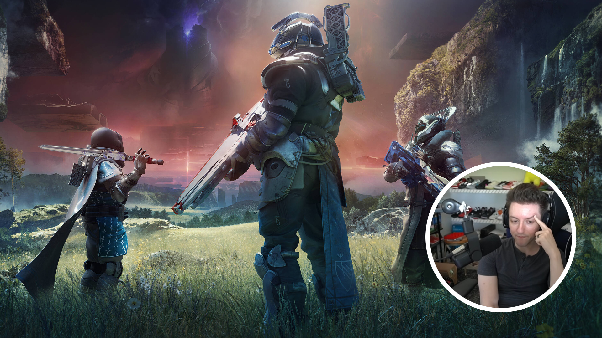 Destiny 2 characters look into the horizon; streamer Datto reacts on stream to the news that Destiny 2 content updates are ending.