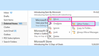 A screenshot of the UI for Outlook 2013 showing the menu for moving an email to a new folder