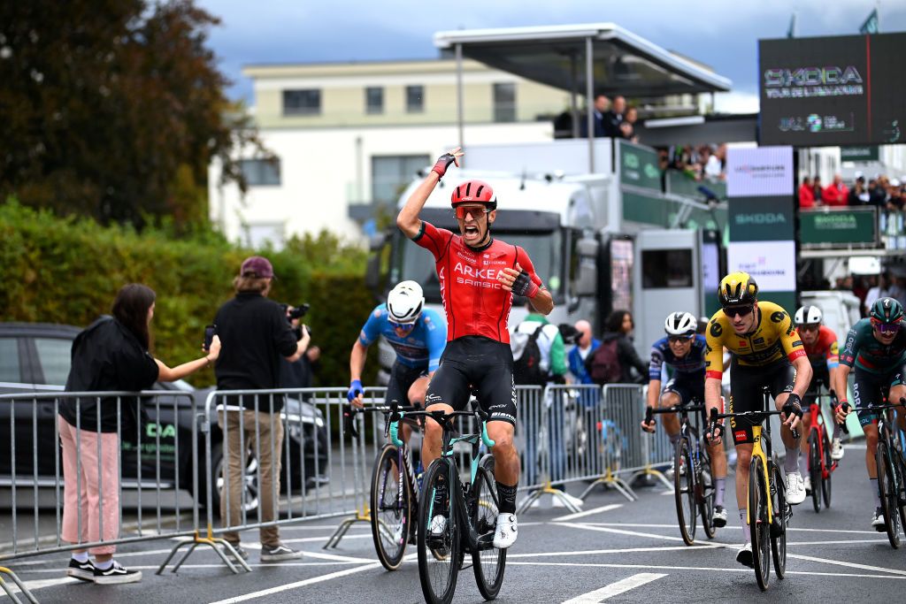 MAMER LUXEMBOURG SEPTEMBER 21 Jenthe Biermans of Belgium and Team Arkea Samsic celebrates at finish line as stage winner during the 83rd Skoda Tour Luxembourg 2023 Stage 2 a 1839km stage from MondorflesBains to Mamer UCIWT on September 21 2023 in Mamer Luxembourg Photo by Tim de WaeleGetty Images