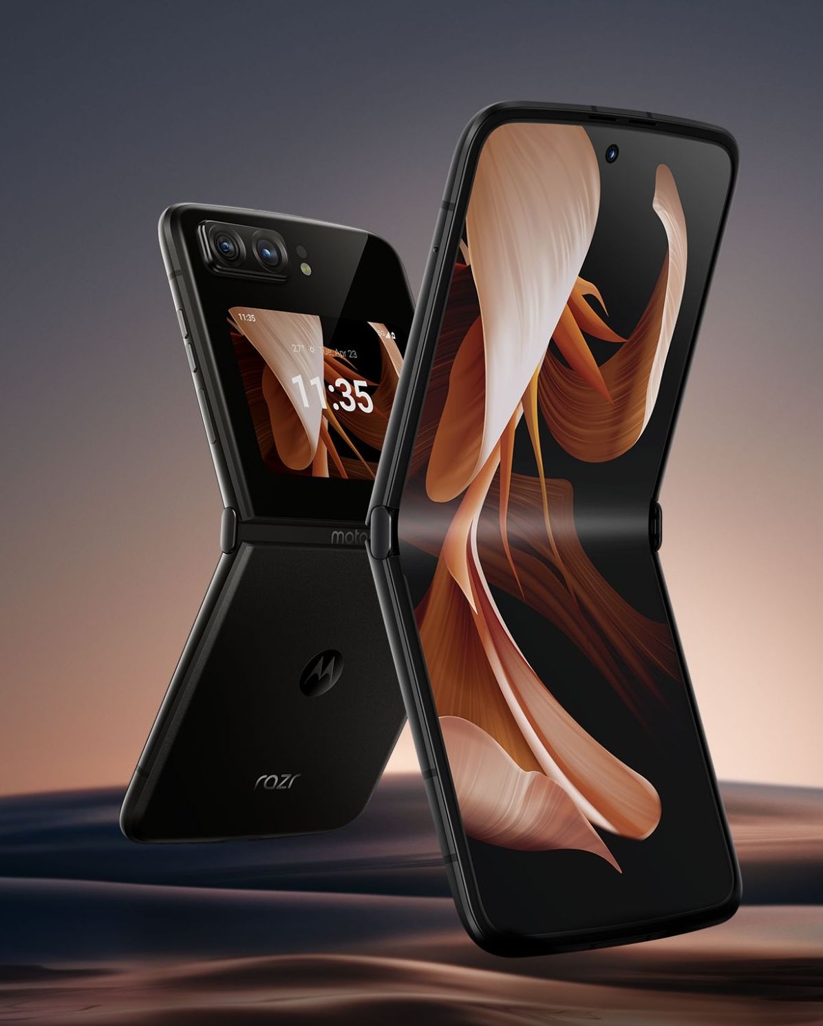 The Motorola Razr 2022 half folded with a chocolate coloured wallpaper