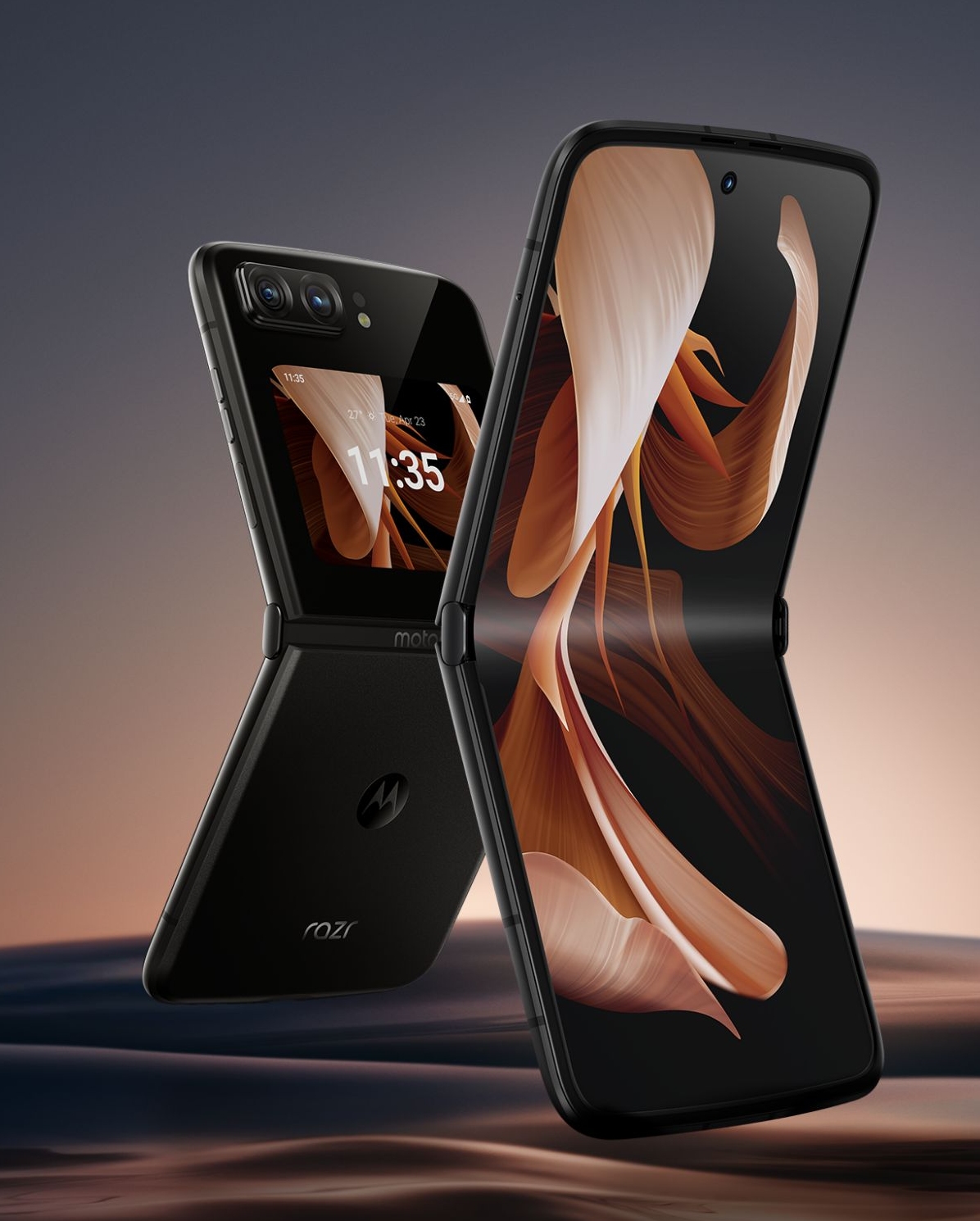 The Motorola Razr 2022 half folded with a chocolate coloured wallpaper