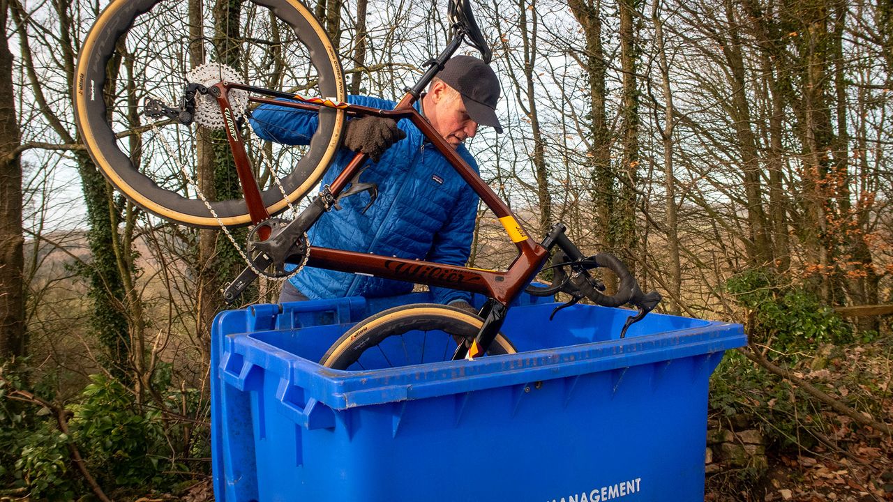 Wilier Jena being loaded into a large wheelie bin