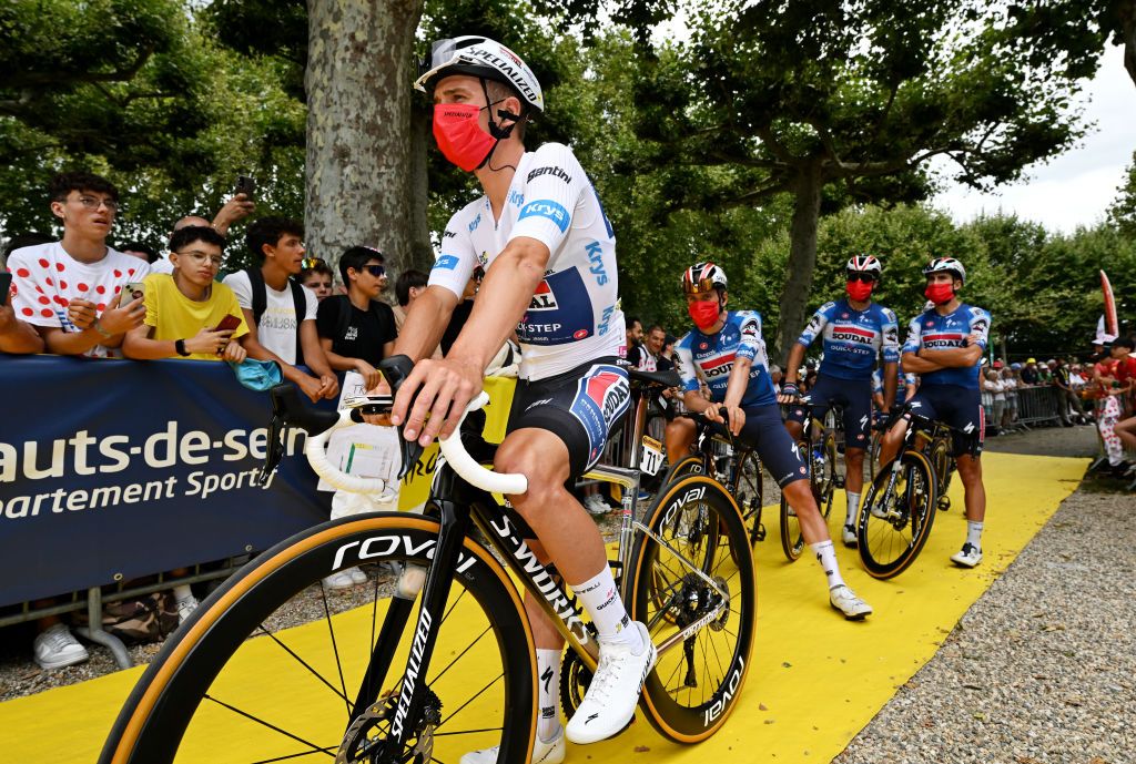 AGEN FRANCE JULY 12 Remco Evenepoel of Belgium and Team Soudal QuickStep White Best Young Rider Jersey prior to the 111th Tour de France 2024 Stage 13 a 1653km stage from Agen to Pau UCIWT on July 12 2024 in Agen France Photo by Tim de WaeleGetty Images