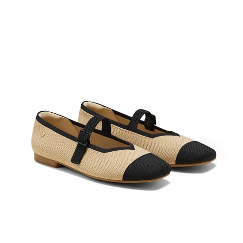 Vivaia Margot Mary Jane Women Flat Shoes Slip on Square-Toe Washable Shoes Comfortable for Work With Arch Support, Nude Peach & Black, 6.5 Uk