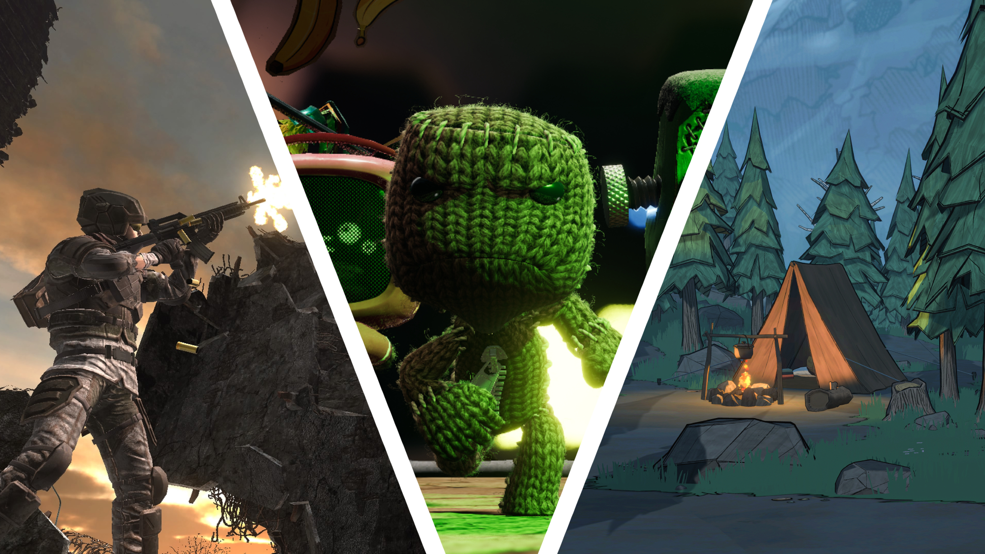 A feature image depicting scenes from three games. From left to right: Earth Defense Force 6, Sackboy: A Big Adventure, Blue Prince.