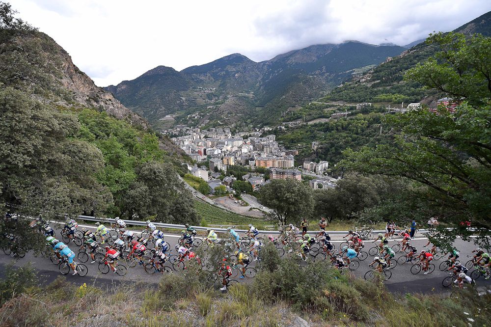 The peloton climbs one of six categorised ascents during stage 11.