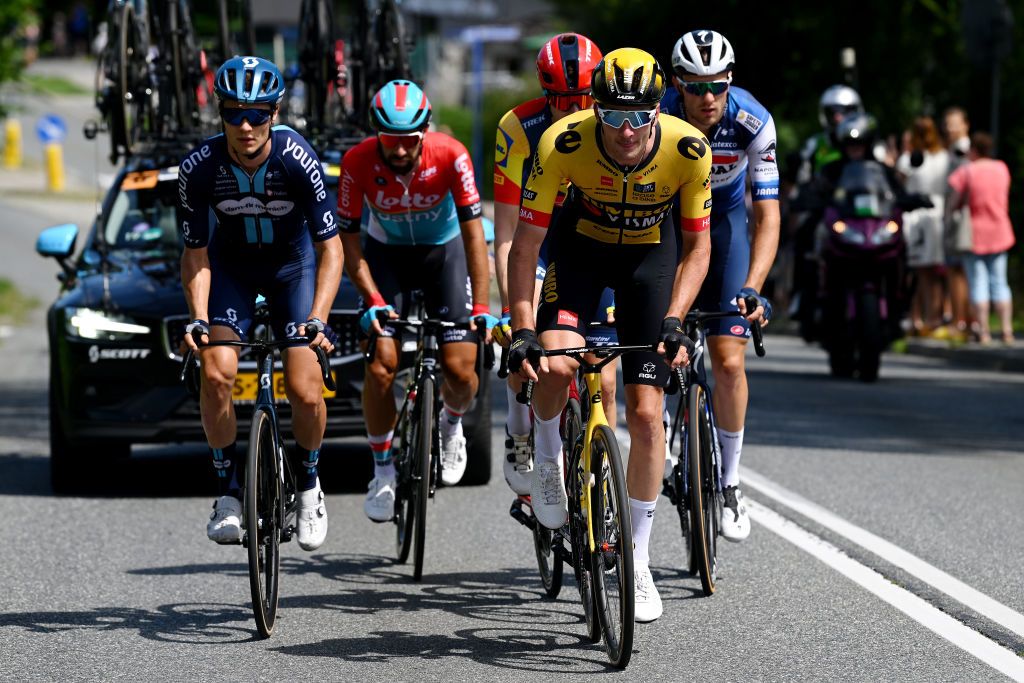 BIELSKOBIALA POLAND AUGUST 02 LR Tobias Lund Andresen of Denmark and Team DSM firmenich Thomas De Gendt of Belgium and Team Lotto Dstny Markus Hoelgaard of Norway and Team Lidl Trek Mick Van Dijke of The Netherlands and Team JumboVisma and Bert Van Lerberghe of Belgium and Team Soudal Quick Step compete in the breakaway during the 80th Tour de Pologne 2023 Stage 5 a 1988km stage from Pszczyna to BielskoBiala 430m UCIWT on August 02 2023 in BielskoBiala Poland Photo by Dario BelingheriGetty Images